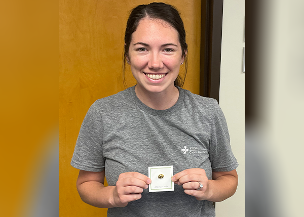 Ashley Holland RN, BSN, TNS, Non-Invasive Cardiology, is the first Illini nurse to receive a Blessing Health System “Stroke Recognition Pin” for her role in saving the life of 78-year-old Linda Smith of Pittsfield.