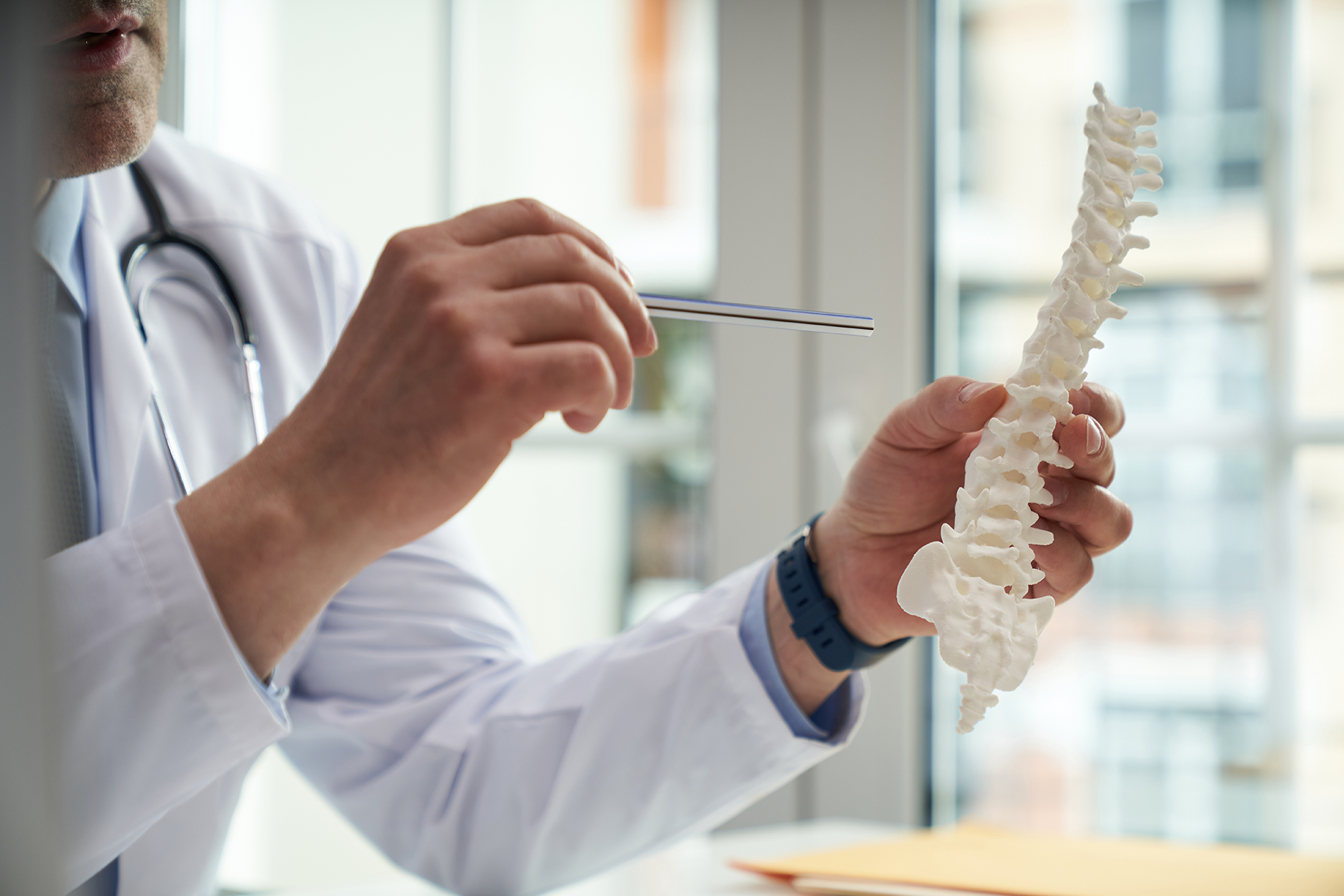 A doctor points our areas of a model of a human spine